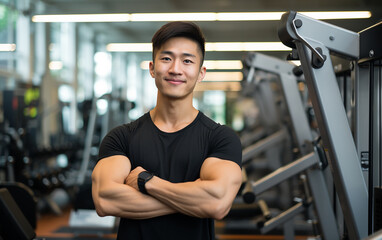 Happy handsome young asian man in a gym.