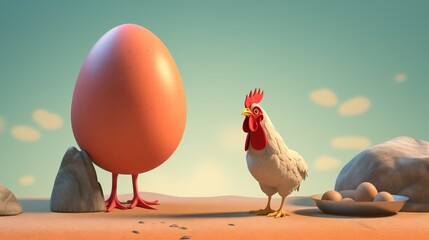 a chicken standing next to an egg, and egg with chicken legs, 3D style  