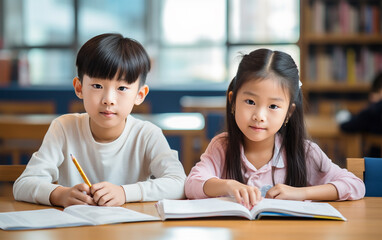 A couple of asian kids sitting at school lesson