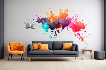 A minimalist living room with a 3D intricate colorful wall showcasing a series of vibrant, abstract ink blots.