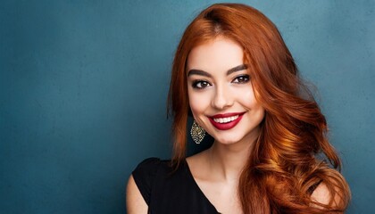 Portrait of beautiful cheerful redhead girl, blue background