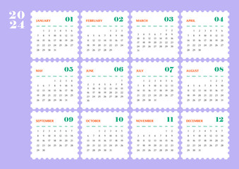Design template with 2024 12 months calendar. Note, scheduler, diary, calendar, planner design template illustration.