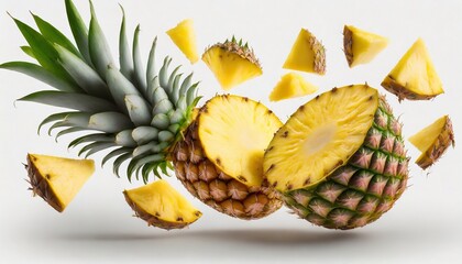 Fresh juicy tropical fruit pineapple flying isolated on white background. - obrazy, fototapety, plakaty