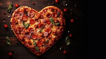 Heart shaped pizza with salami, mozzarella, tomatoes and basil on a dark wooden background generativa IA