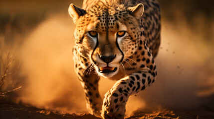 Running cheetah with motion blur background, Cheetah running in the sand in the Kruger National Park, South Africa. a cheetah running closeup, AI Generated, Cheetah in the wilderness of Africa. Pant

