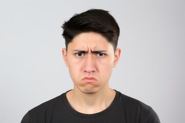 Fototapeta premium Young Man with a Disapproving Frown on Neutral Background. Generative AI.