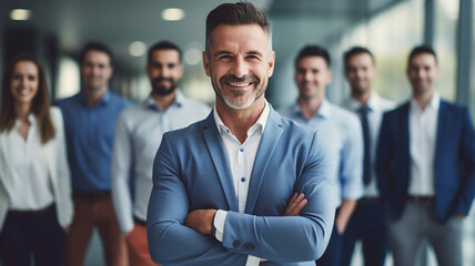 Portrait of confident businessman in office with colleagues in the background. Ai render.
