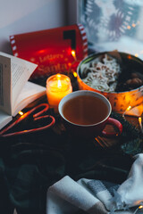 A cup of tea with smoke in a Christmas atmosphere, mood