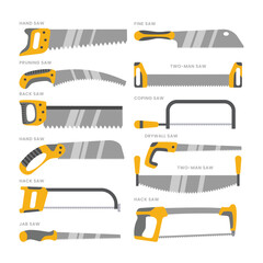 Type of hand saw tools set collection, Consists of Fine, Pruning, Back, Coping, Hand Saw, Drywall, Two Man Crosscut, Drywall, Jab Saw, Hack Saw. - obrazy, fototapety, plakaty