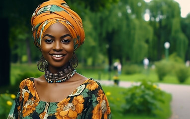 Fototapeta premium A dark-skinned girl in a colorful scarf in the park. Outdoor portrait of young beautiful fashionable lady. Model wearing stylish accessories & clothes. Female beauty & fashion.