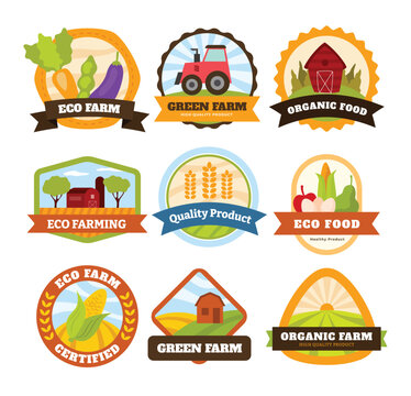 Organic Farm Fresh Label Set Collection,  Eco Green Farm Badge, Farm Fresh Logo Farmhouse logo or badge with fields of crops and banner. Organic, ecology and bio natural design quality label