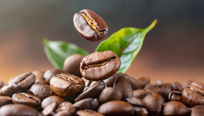 Coffee beans. Macro coffee beans levitating, banner with copy space for text 