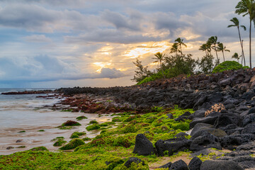 Beach and rocks of Poipu in Kauai, Hawaii USA
