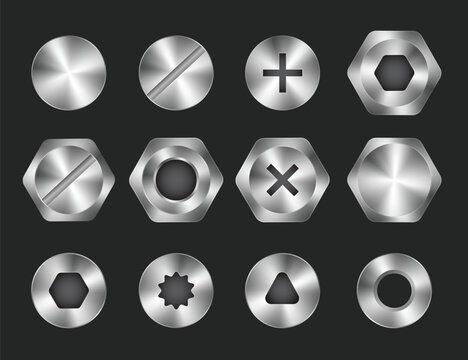 Set of different types of screw drives head collection, A set of metal shiny screws and bolts, Screw Head Icons, Realistic bolt heads. Stainless steel nails.