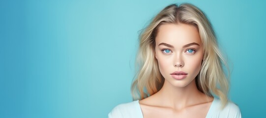 A Close Up Photo Portrait of a Blonde Feminine Woman standing against a Blue Background - Blonde Woman Blue Wallpaper with Empty Copy Space for Text and Ads created with Generative AI Technology