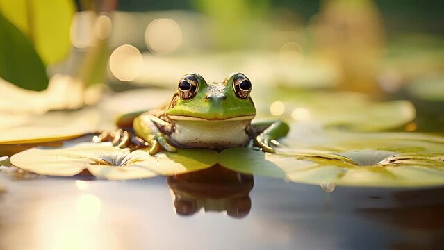 Closeup of a frog perched on a lily pad, its eyes catching the moons reflection as it glides through the water.