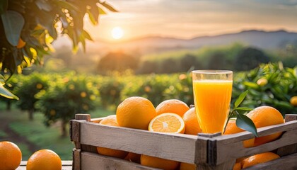 Orange juice with fresh orange in in wooden crate in orange farming background. - obrazy, fototapety, plakaty