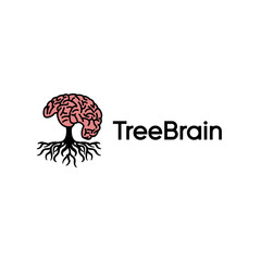 An abstract Logo Design depiction of a tree with roots shaped like a brain, representing growth, rootedness, and intellectual development.