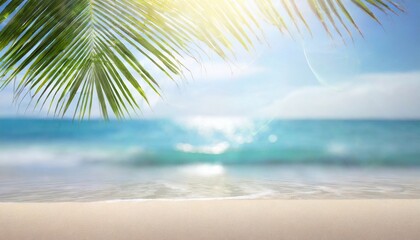 Palm tree on tropical beach with blue sky and white clouds abstract background.	
