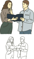 man and woman talking holding notepad together