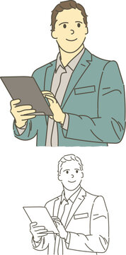 man with formal suir using ipad facing front