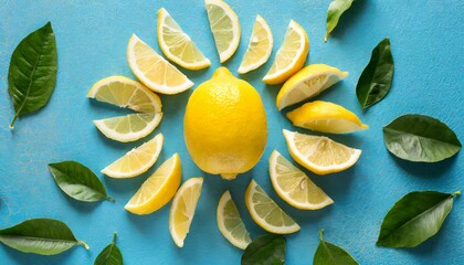 Sun made of lemon on bright blue background. 
