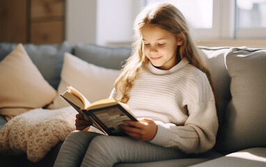 Fair-skinned girl in a warm bright sweater reads a book while sitting on the sofa. Beautiful photo of a teenage female with a book.