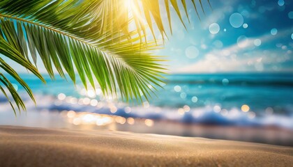 Palm tree on tropical beach with blue sky and white clouds abstract background.	
 - Powered by Adobe