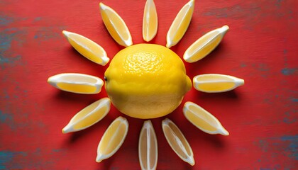 Sun made of lemon on bright red background. 