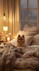 A cozy bed adorned with plush pillows and a cute pet nestled on top, bathed in warm, inviting light