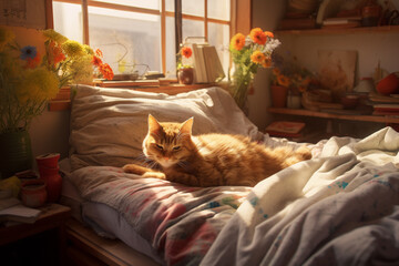 A cozy bed adorned with vibrant pillows and a playful pet nestled in soft blankets, basking in warm sunlight