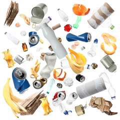 Lots of different garbage flying on white background