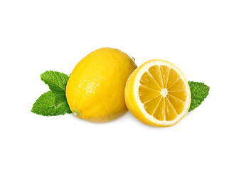 Fresh lemons and green mint isolated on white
