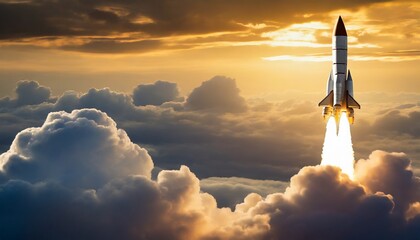 Rocket flies through the clouds at sunset - obrazy, fototapety, plakaty