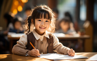 An asian happy kid is sitting at school lesson