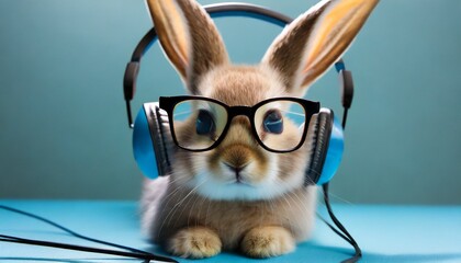 Eyeglasses bunny in headphones with closeup and blue background