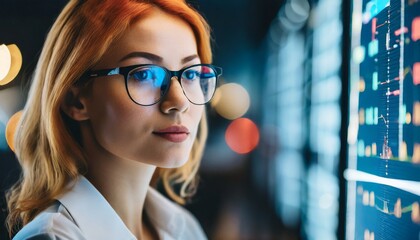 Portrait of blonde female expert in glasses looking at screen with financial data close up