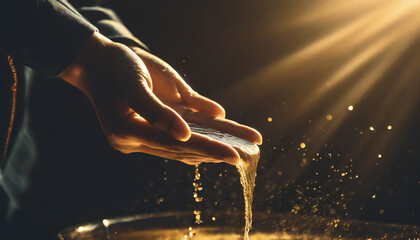Scene with two hands pouring golden water, black background, close-up