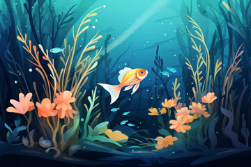 Fototapeta na wymiar Underwater world coral fish school illustration, marine aquarium scene illustration