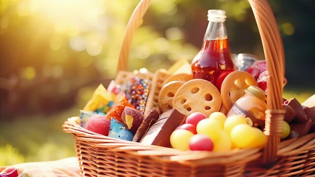 Closeup of a basket filled with delicious snacks and treats, ready to be enjoyed on the picnic blanket.