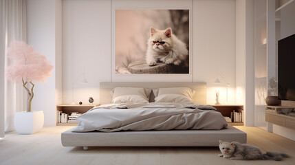 Chic bedroom decor highlighted by an attractive bed and a playful pet enjoying a peaceful moment
