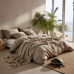 Chic bedroom decor with a small turtle leisurely exploring the textured bedspread