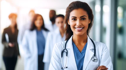 Poster Happy smiling female doctor with a stethoscope. Doctor on the blurred background of medical personnel. Healthcare workers in the hospital. Hospital staff. AI-generated © Mykhailo Shvets