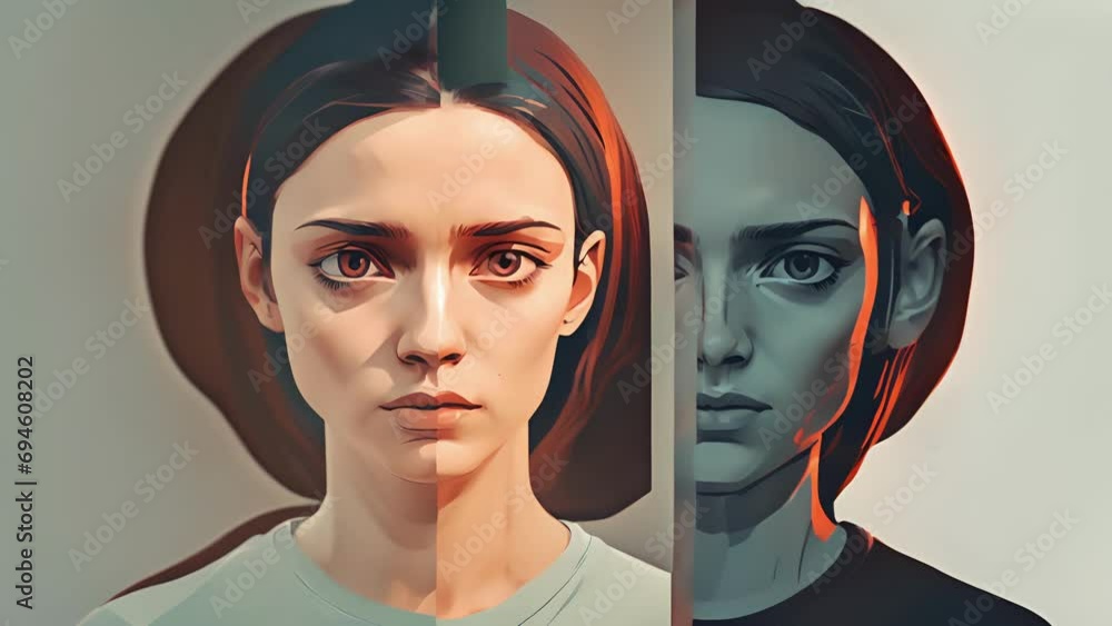 Poster a splitscreen animation showing a persons face with a serene expression on one side, and a distorted