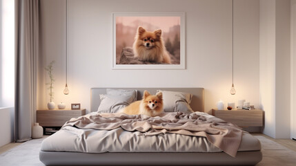 Impeccable bed arrangement with an adorable pet, enhancing the overall visual appeal
