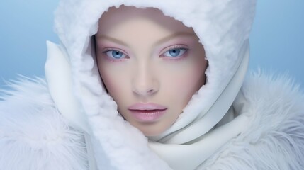 Obraz premium Winter Beauty Portrait: Ethereal Woman with Snow-White Aesthetics. Generative ai