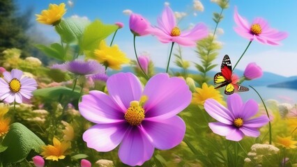 spring vibrant nature with flowers and insect photo realistic wallpaper