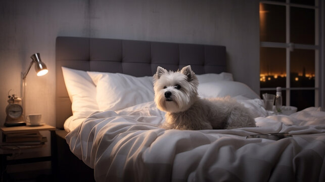 Modern bed design paired with a delightful pet, capturing a moment of domestic bliss