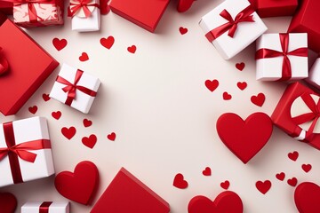 Top view of red and white gift boxes and hearts