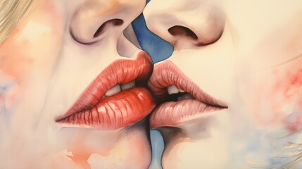 A watercolor romantic kiss close up